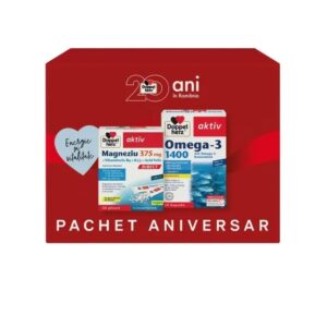 Imagine cu pachet aniversar farmacie Morpheus, conține suplimente de vitamine și omega-3.