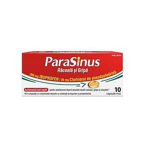 Alt text: ParasSinus pentru răceală și gripă, tratament rapid, capsule, farmacie.