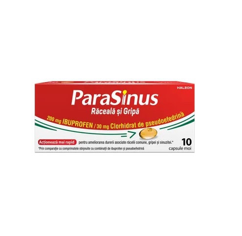 Parasinus pentru răceală. Alt text: ParasSinus pentru răceală și gripă, tratament rapid, capsule, farmacie.