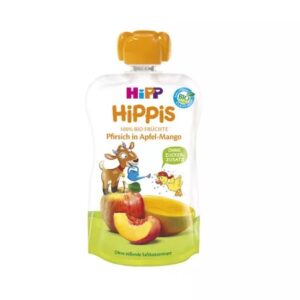 HIPPIS Bio-PUFRIȘ Oriunde. Pompa pentru bebeluși Hipis bio cu mango și măr, ideală pentru hrănire sănătoasă, fără zahar adăugat.