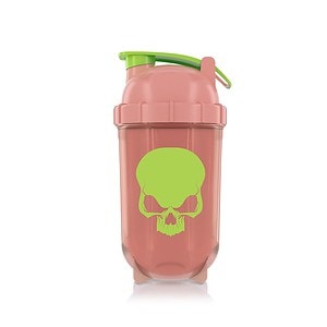 Recipient shaker pentru proteine și băuturi energizante cu design craniu verde.