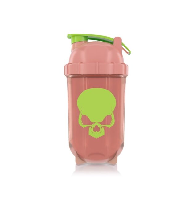 Recipient shaker pentru proteine și băuturi energizante cu design craniu verde.