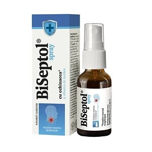 Spray Biseptol pentru afecțiuni respiratorii, cu echinacea și extract de medințină, pentru susținerea sănătății respiratorii.