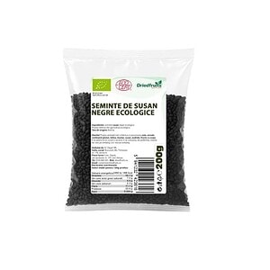 Semințe de susan negre ecologice, bogate în nutrienți și vitamine, ideale pentru o dietă sănătoasă.