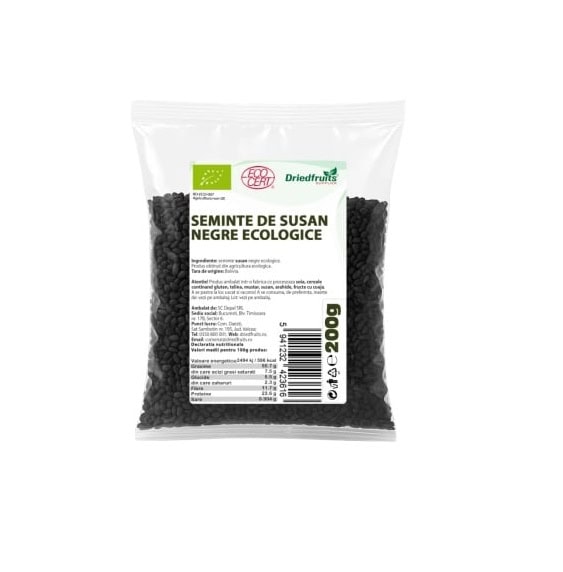 Semințe de susan negre ecologice, bogate în nutrienți și vitamine, ideale pentru o dietă sănătoasă.