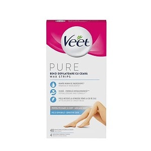 Benzi epilatoare Veet cu ceară pentru picioare și corp, pentru piele sensibilă, efect de durată.