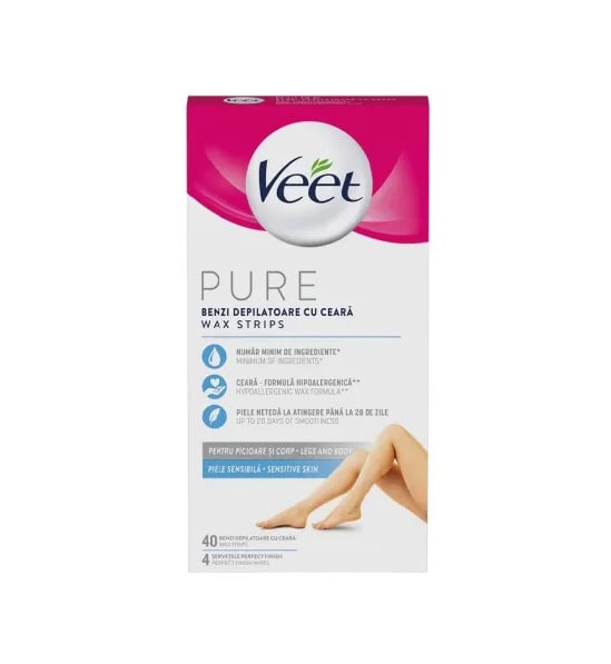 Veet, benzi epilatoare cu ceară. Benzi epilatoare Veet cu ceară pentru picioare și corp, pentru piele sensibilă, efect de durată.