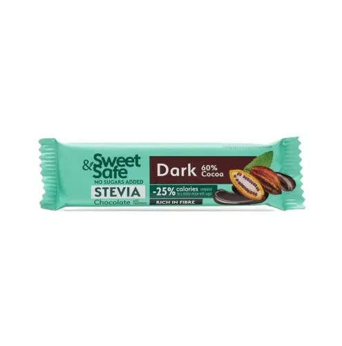 Ciocolată dark cu 60% cacao, fără zahăr, ideală pentru diete, cu conținut ridicat de fibre.
