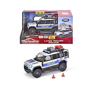 Mașinuță poliție Land Rover cu lumini și sunet, ideală pentru jocuri de rol și dezvoltarea imaginației.