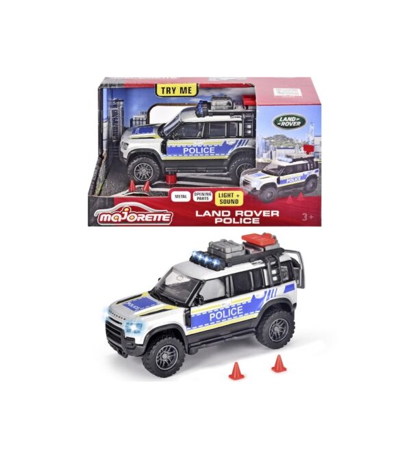 Mașinuță poliție Land Rover cu lumini și sunet, ideală pentru jocuri de rol și dezvoltarea imaginației.
