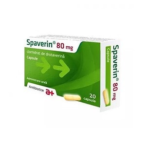 Capsule Spaverin 80mg pentru combater turburarilor respiratorii, tratament antitusiv și antibiotic, 20 capsule.