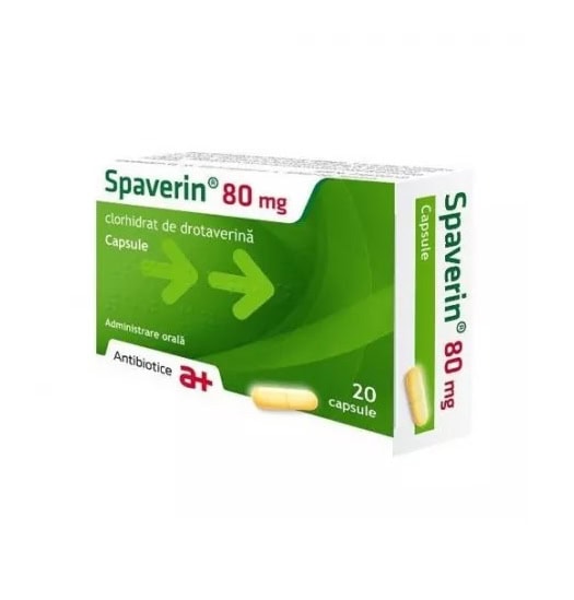 Capsule Spaverin 80mg pentru combater turburarilor respiratorii, tratament antitusiv și antibiotic, 20 capsule.