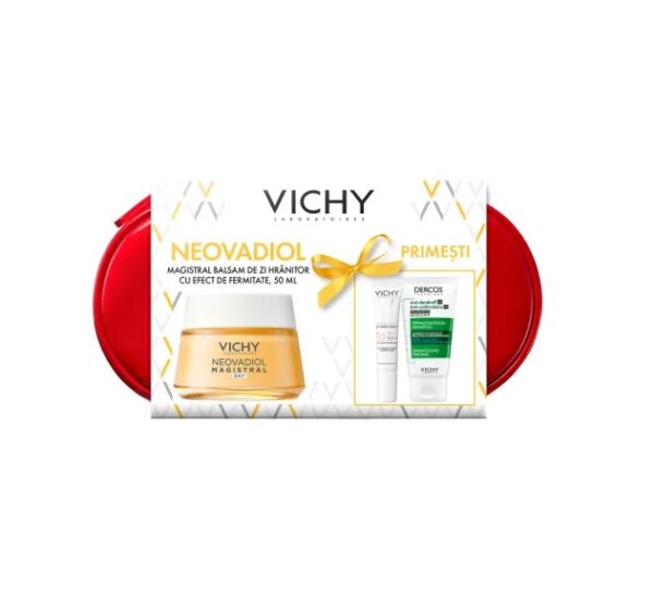 Trusa Balsam de Zi Hranitor cu Efect de Fermitate Neovadiol Magistral, 50 ml + Fluid cu SPF 50+ Capital Soleil, 15 ml + Sampon Anti-Matreata Dercos, 50 ml, Vichy