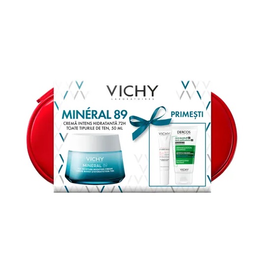 Trusa Crema pentru Toate Tipurile de Ten Mineral 89, 50 ml + Fluid cu SPF 50+ Capital Soleil, 15 ml + Sampon Anti-Matreata Dercos, 50 ml, Vichy