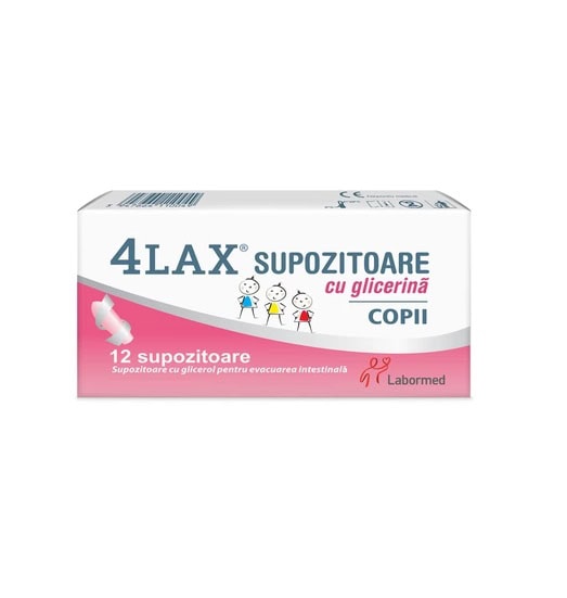 Supozitoare Glicerina Copii 4Lax Supozitoare cu glicerină pentru copii, 12 bucăți, pentru evacuare intestinală.