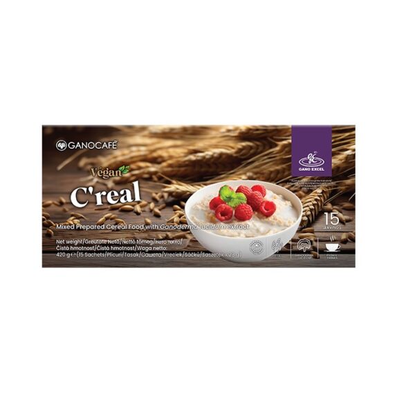 Cereal vegan cu fructe, 15 plicuri, Gano Excel, ideal pentru un mic dejun sănătos și energizant.