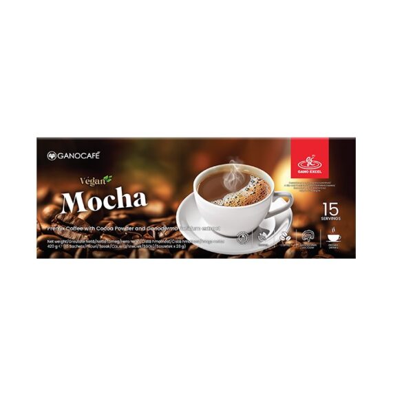 Mocha vegană cu cacao și Gano Excel, plicuri pentru o băutură delicioasă și energizantă.