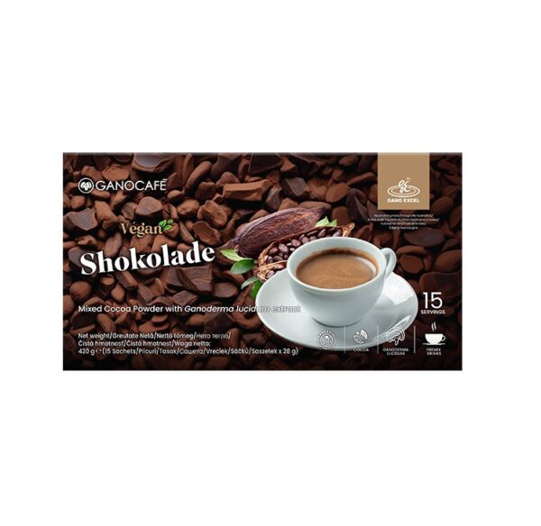 Cafea vegană cu cacao și extract de luciu de cacao, 15 plicuri pentru o băutură sănătoasă și energiz.