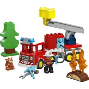 Camion de pompieri Lego Duplo cu figurine și echipamente de intervenție.
