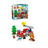 Imagine cu camion de pompieri Lego Duplo, figurine și accesorii pentru joacă.