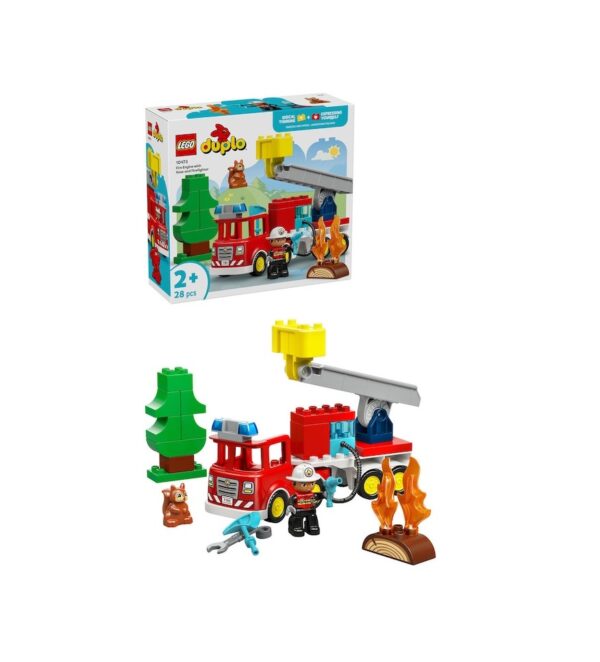 Imagine cu camion de pompieri Lego Duplo, figurine și accesorii pentru joacă.
