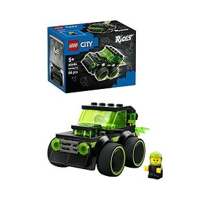 Vehicul Hot Rod Lego City verde cu roți mari și mini-figură inclusă.