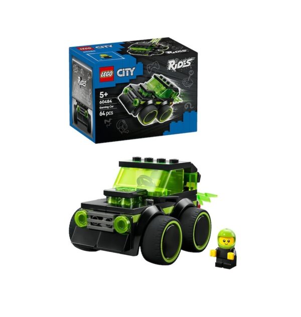 Vehicul Hot Rod Lego City verde cu roți mari și mini-figură inclusă.