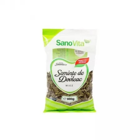 Semințe de dovleac SanoVita, 100 g, pentru gustări sănătoase și beneficii nutriționale.