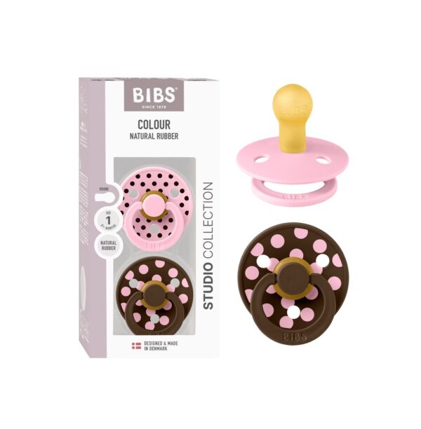 Set 2 Suzete cu Tetina Rotunda Studio Colour Latex, +6 Luni, Polka Dot Baby Pink/Mocha, BIBS