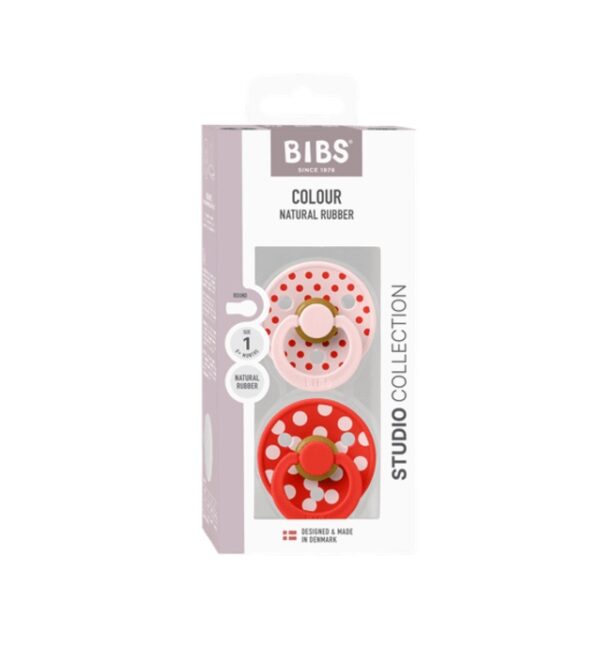 Set 2 Suzete cu Tetina Rotunda Studio Colour Latex, +6 Luni, Polka Dot Blossom/Candy Apple, BIBS
