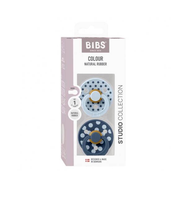 Set 2 Suzete cu Tetina Rotunda Studio Colour Latex, +6 Luni, Polka Dot Baby Blue/Steel Blue, BIBS