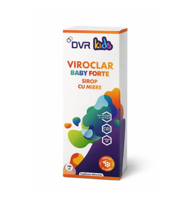 Sirop Viroclar Baby Forte cu Miere, 150ml pentru copii, cu ingrediente naturale și gust plăcut.