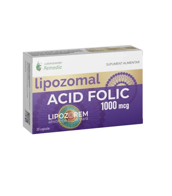 Lipozomal Acid Folic 1000 mcg Acid folic liposomal, supliment pentru sănătate, 30 capsule.