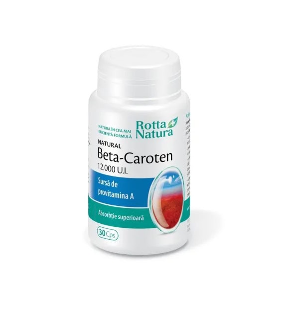 Beta-Caroten, supliment natural cu vitamina A, 30 capsule pentru sănătate oculară și imunitate.