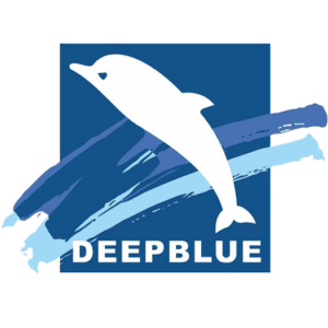 DeepBlue - Logo companie de pescuit și acvacultură Logo DeepBlue, companie specializată în pescuit și acvacultură, reprezentată printr-un delfin alb pe.