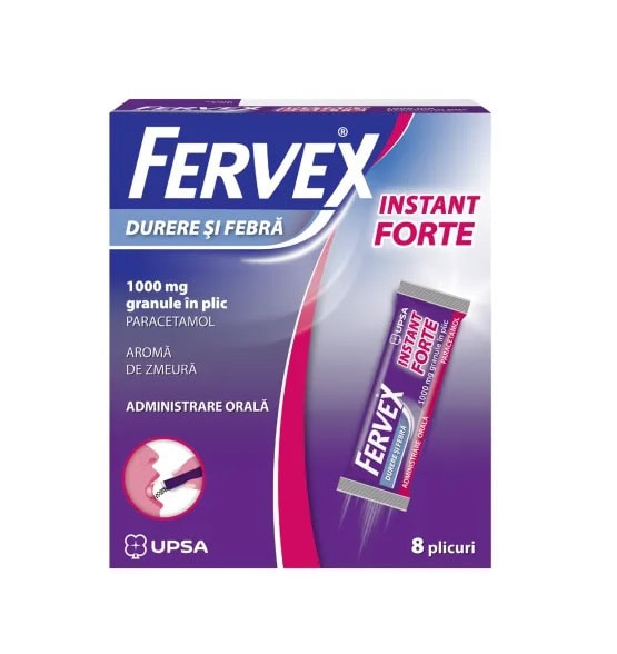 Fervex Raceala si Gripa cu Zmeură Plicuri Fervex pentru răceală și gripă cu aromă de zmeură, 8 plicuri.