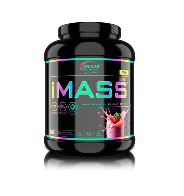 Gainer fără zahăr, cu aromă de milkshake de căpșuni, Genius Nutrition, 2500 g, pentru creștere muscu.