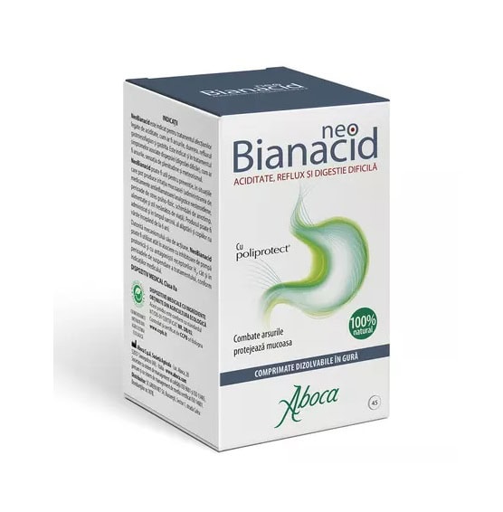 Bianacid Neo - Tratament pentru reflux și aciditate Tratament pentru reflux și aciditate Bianacid Neo cu Poliprotect, 45 comprimate, Aboca.