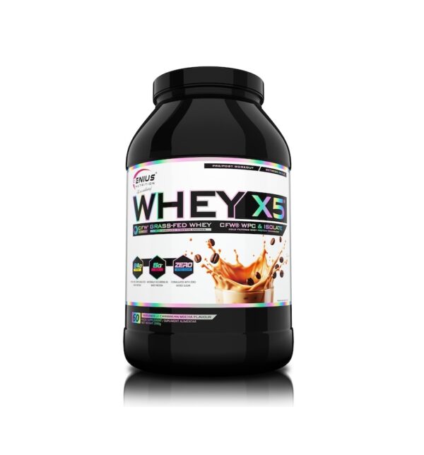 Whey X5 Caribbean Mocha Pudră proteică izolat din zer cu aromă de cafea, 2000 g, Genius Nutrition.