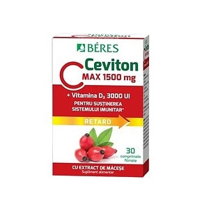 Cutie cu 30 comprimate Ceviton cu vitamina C și D3 pentru imunitate.