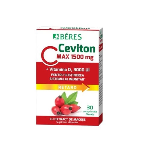 Cutie cu 30 comprimate Ceviton cu vitamina C și D3 pentru imunitate.
