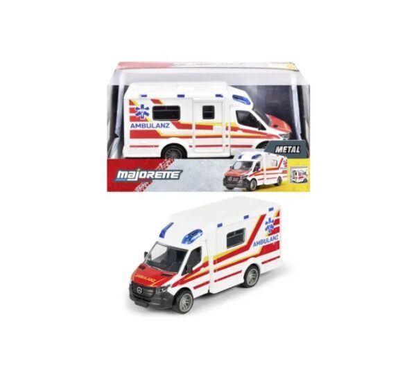 Ambulanță metalică Mercedes-Benz Sprinter, model de colecție Majorette pentru pasionați.
