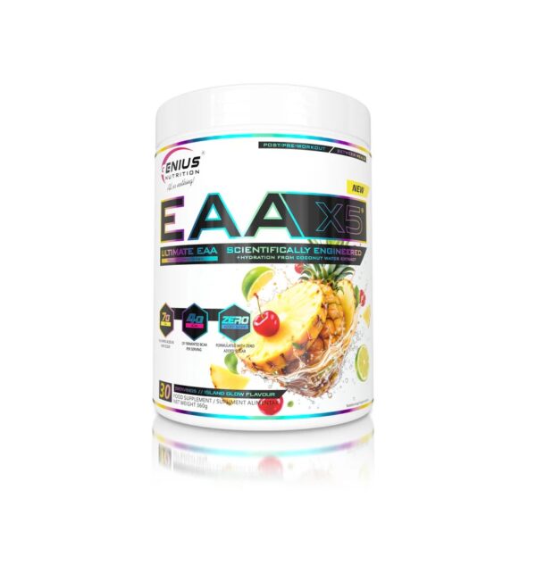 Aminoacizi esențiali cu BCAA și electroliti EAA-X5, 360g, cu aromă Island Glow, Genius Nutrition.