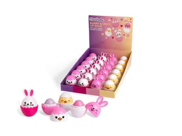Balsam de buze Bunny și Pui, set cu 12 bucăți, pentru hidratare și îngrijire delicată.