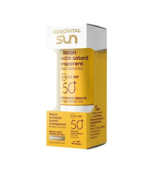 Baton Transparent cu Protectie Solara SPF 50+ Sun, 12 ml, Gerovital