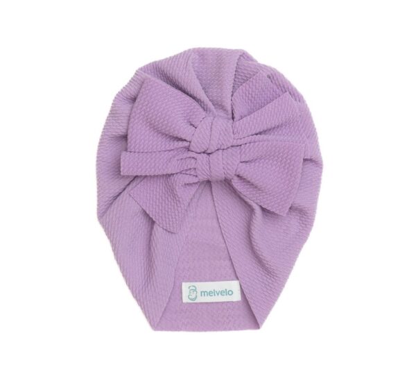 Caciulita turban bebelusi din bumbac cu fundita, culoare dusty lilac, pentru 0-6 luni, Little Prints.