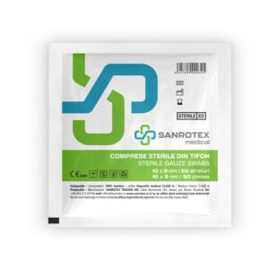 Comprese sterile din tifon Sanrotex, 10x8cm, pachet cu 50 bucăți.