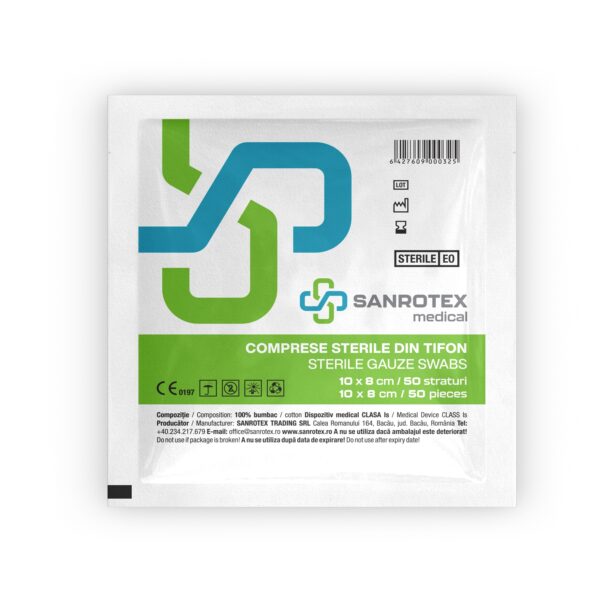 Comprese sterile din tifon Sanrotex, 10x8cm, pachet cu 50 bucăți.