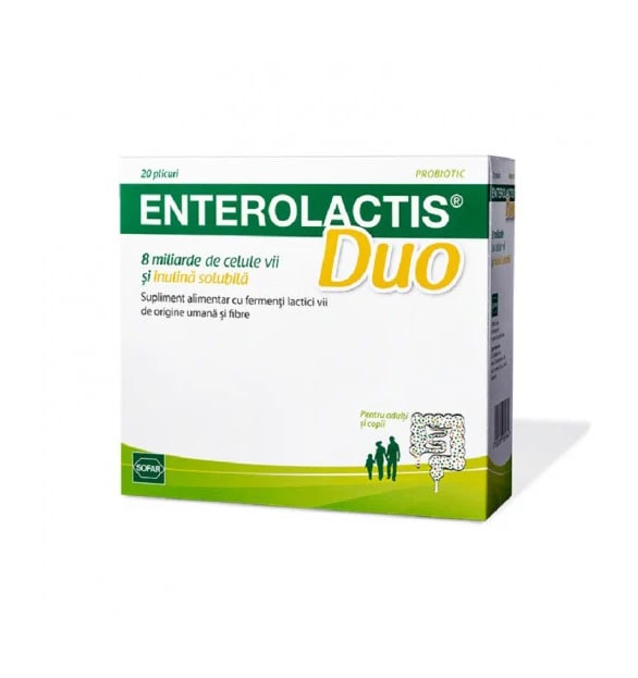 Enterolactis Duo, 20 plicuri pentru sănătatea digestivă Produs Enterolactis Duo pentru sănătatea digestivă și echilibru intestinal.