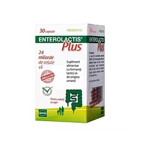 Probiotic Enterolactis Plus cu 30 capsule, susține sănătatea digestivă și echilibrul florei intestin.